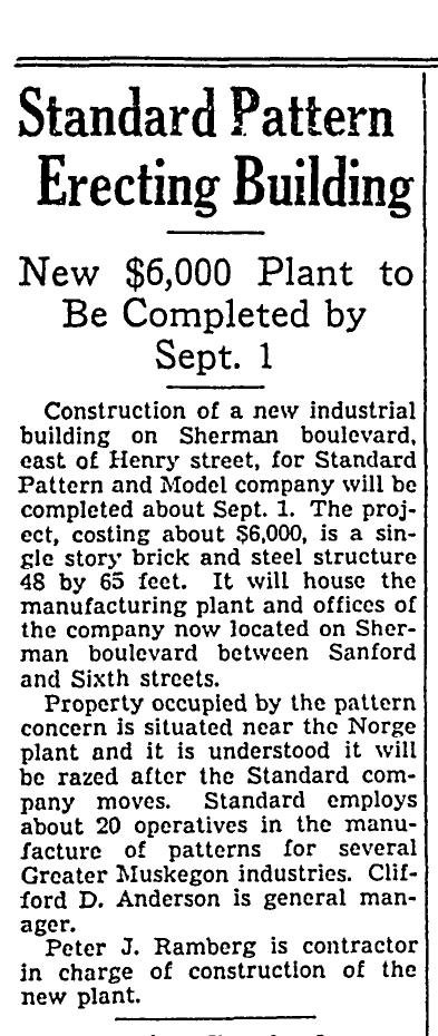 1937 Muskegon Chronicle article about the new Standard Pattern building