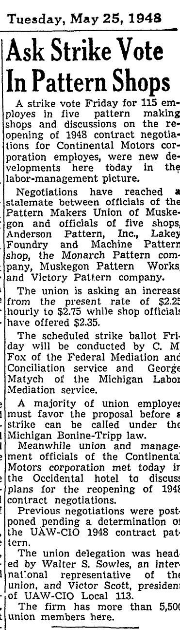 1948 Muskegon Chronicle article on pattern shop strike vote