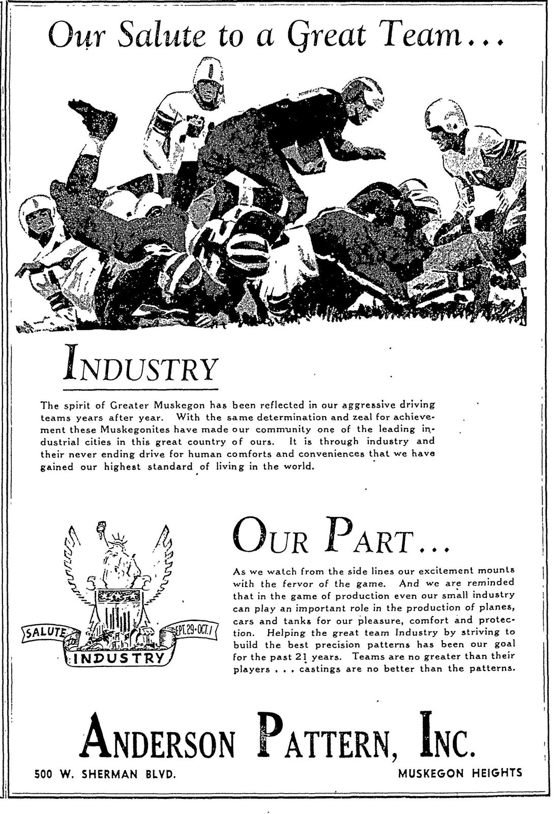 1952 Anderson Pattern advertisement saluting industry
